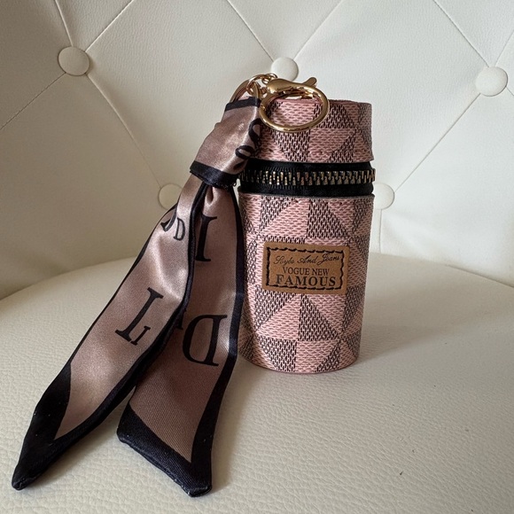 Handbags - Fashion Print Mini Zip Barrel Purse Keychain Charm Pink Beige Mini Scarf Accent